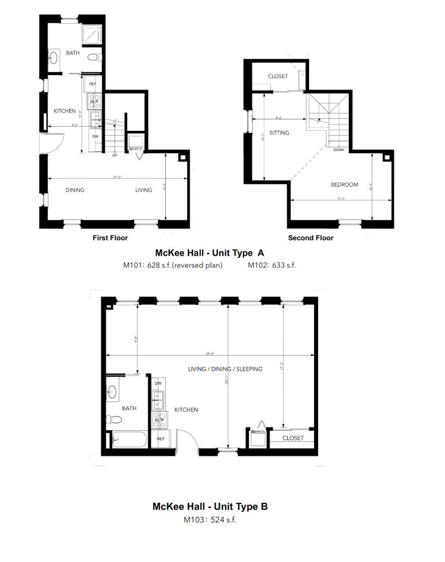 Floor plans of two unit types in Wickes Hall, labeled Unit A (two floors) and Unit B (one floor).