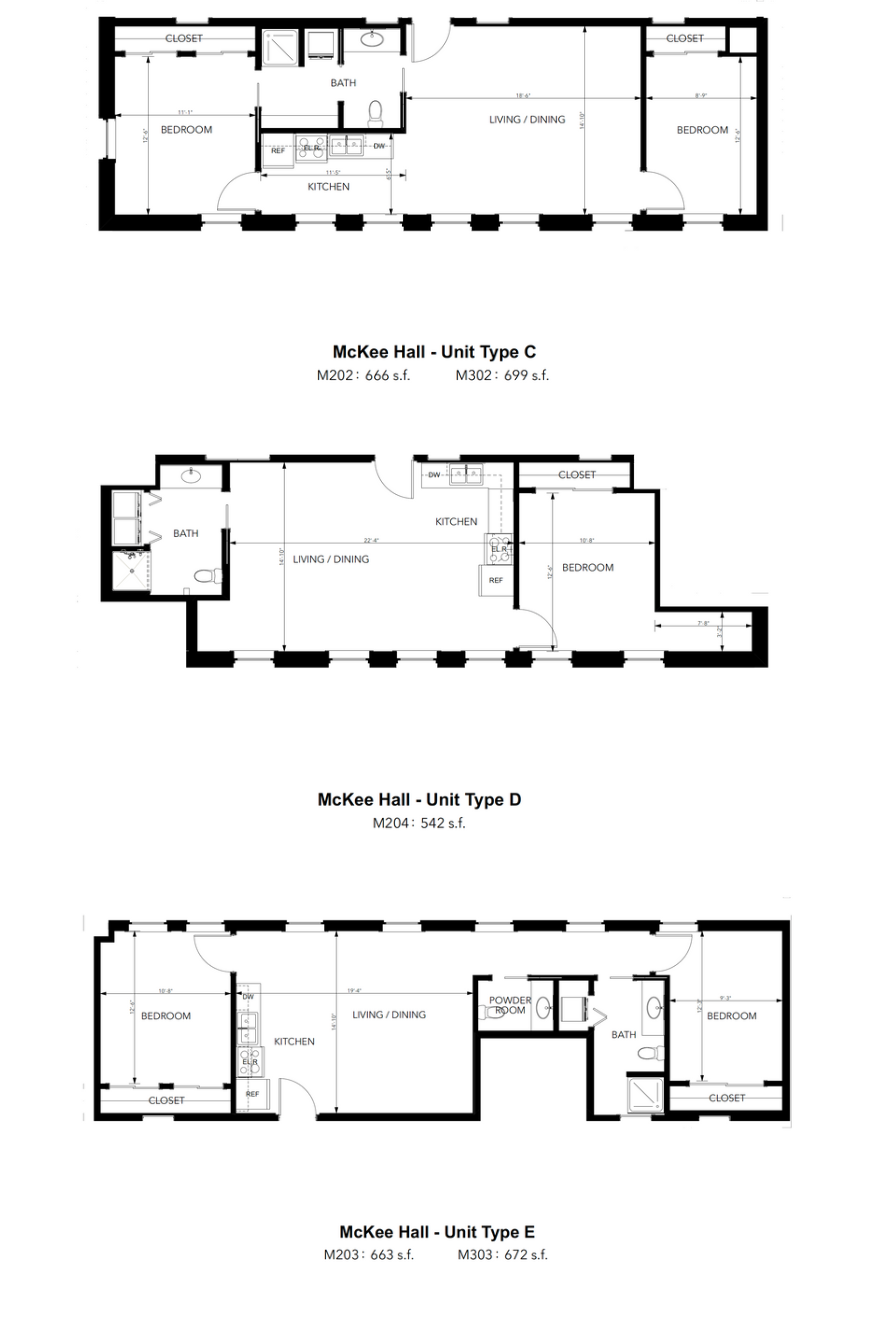 Floor plans of three different apartment units, labeled