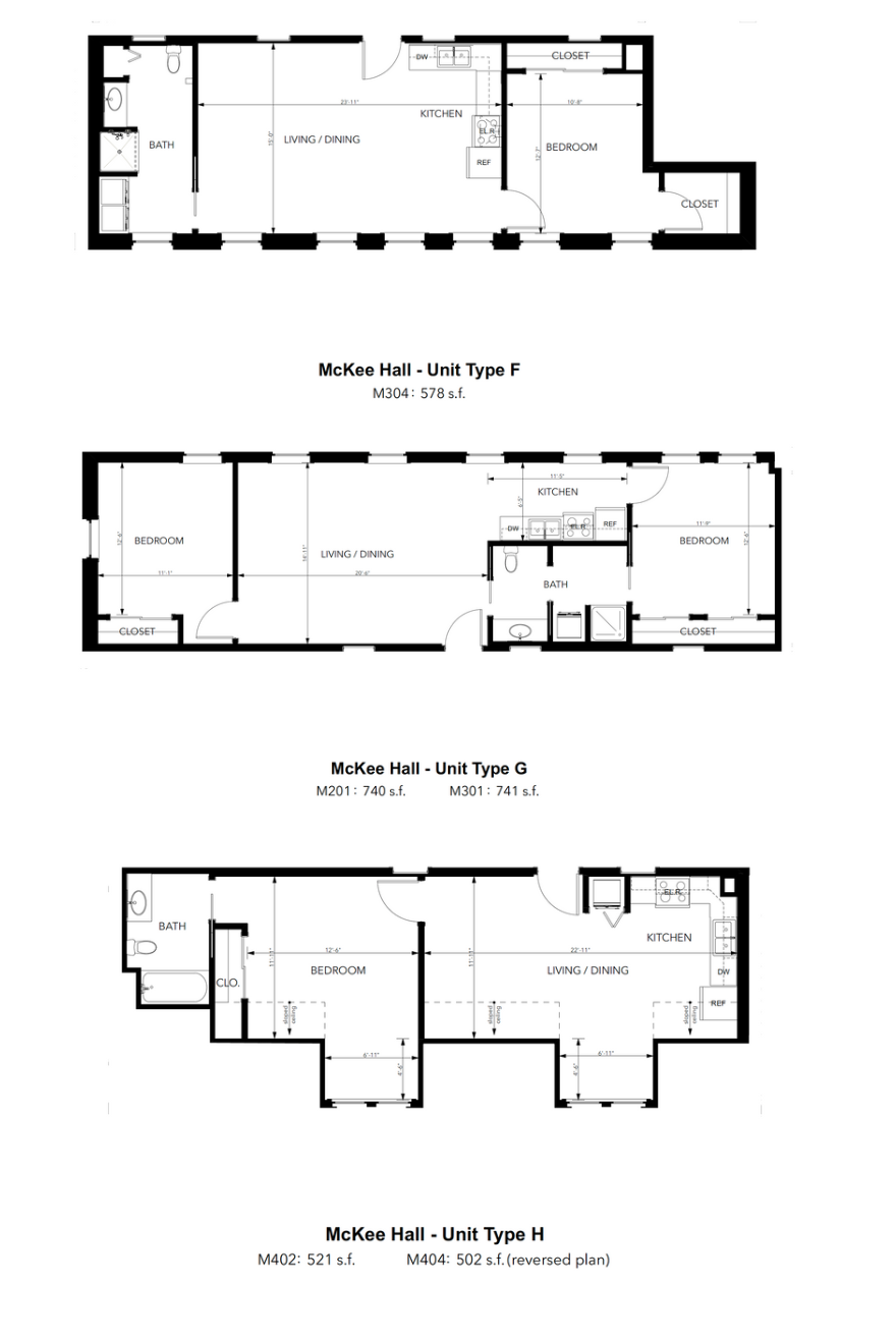 Three architectural floor plans labeled