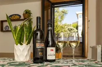 Bottiglie e bicchieri da vino su un tavolo accanto a una pianta in vaso, con una finestra aperta e vista sul giardino.