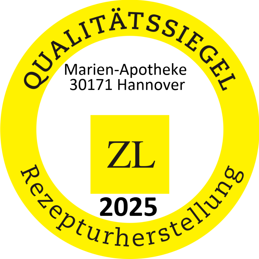 Ein gelber Aufkleber mit der Aufschrift Marien-Apotheke 30171 Hannover