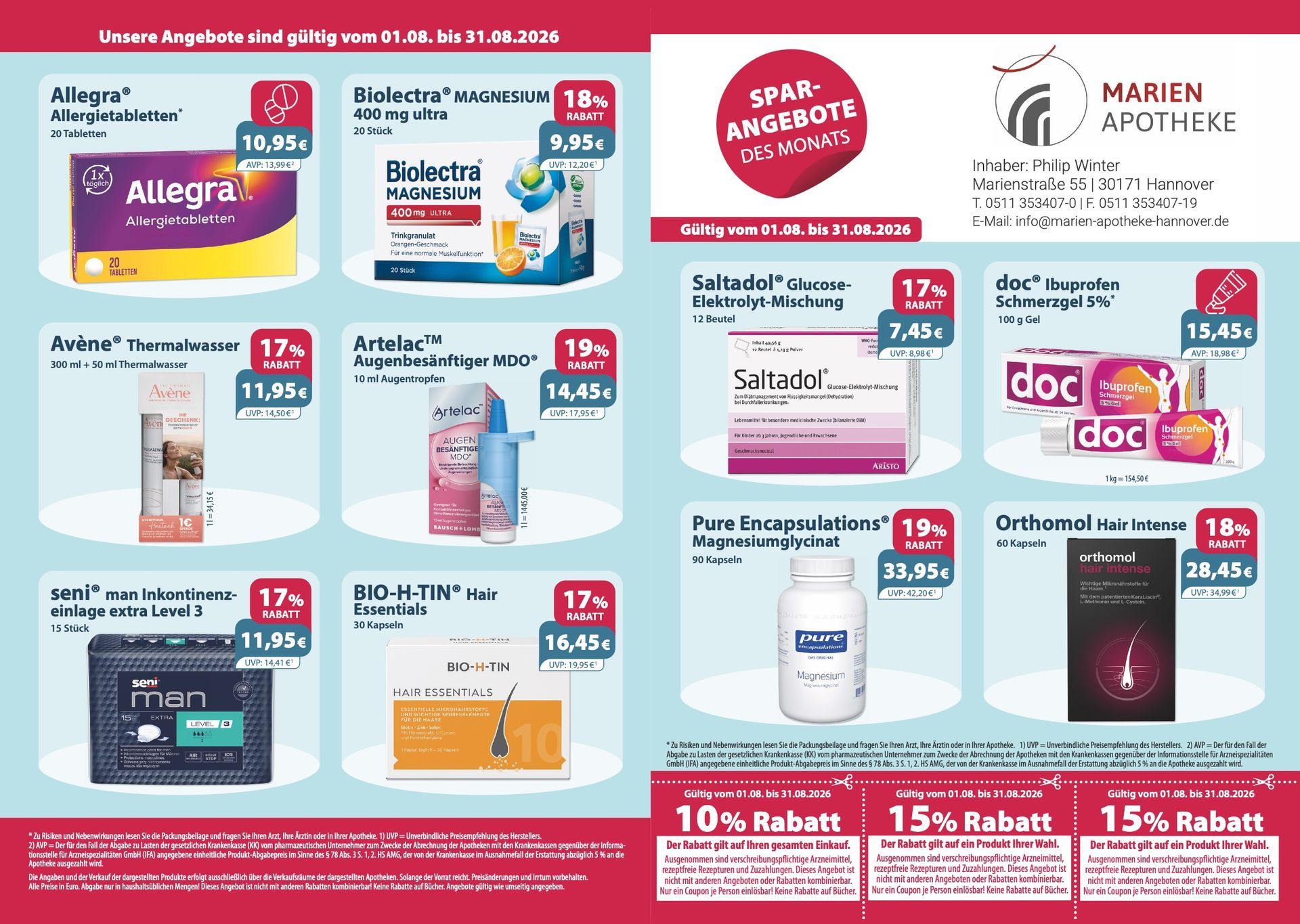 Ein Flyer für die Marien-Apotheke zeigt eine Vielzahl von Produkten