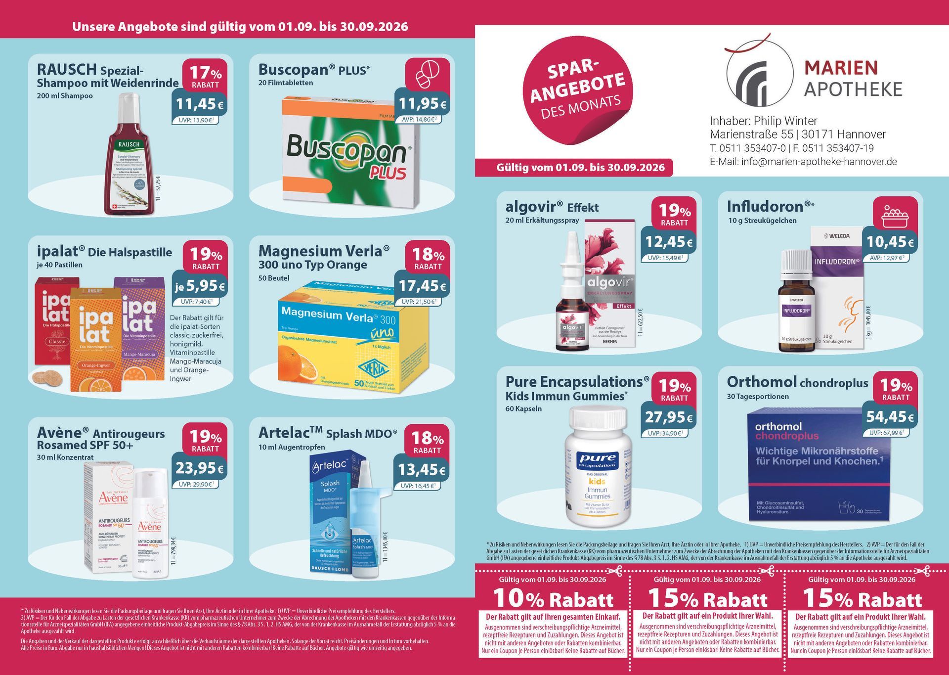 Ein Flyer für die Marien-Apotheke zeigt eine Vielzahl von Produkten