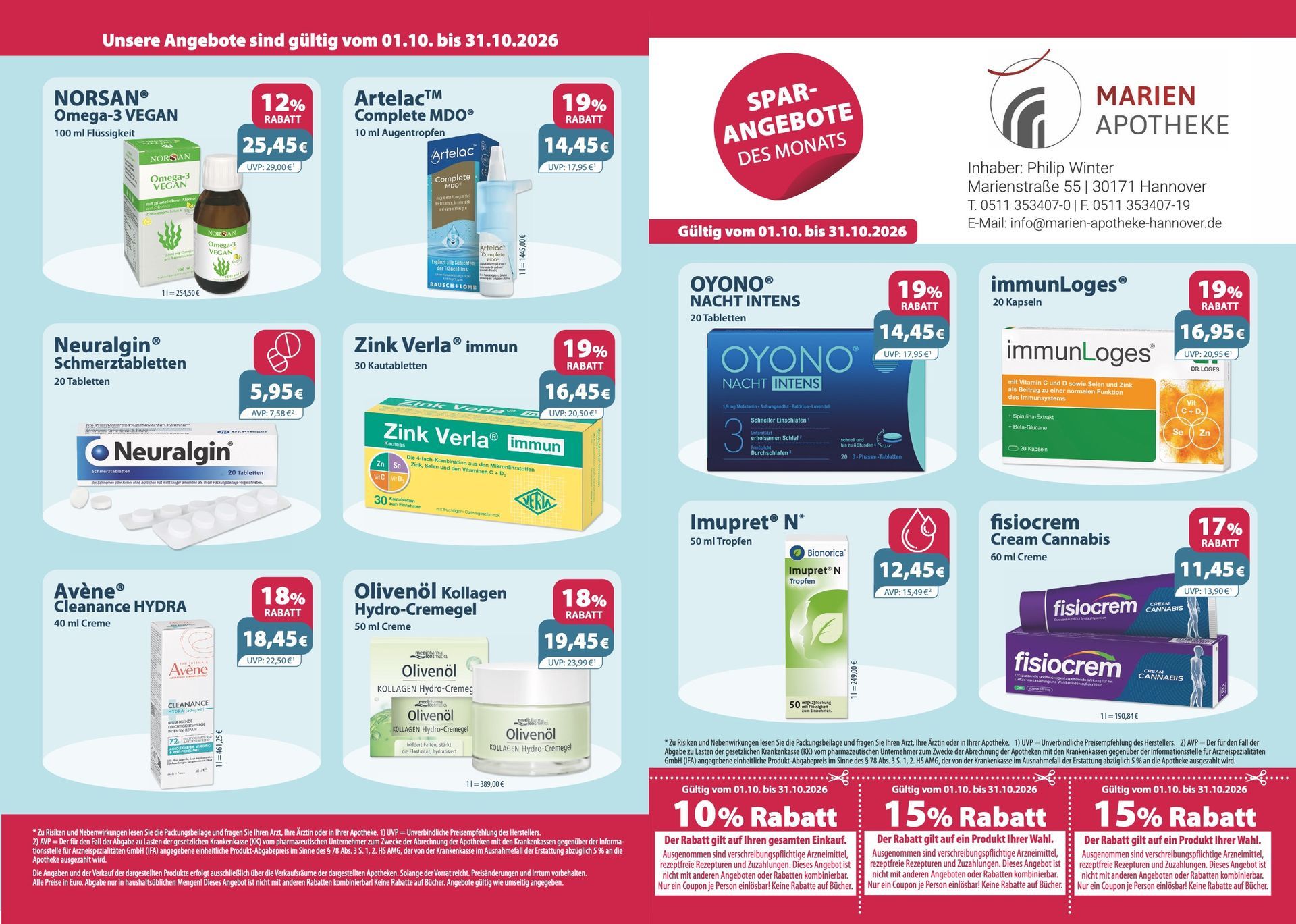 Ein Flyer für die Marien-Apotheke zeigt eine Vielzahl von Produkten