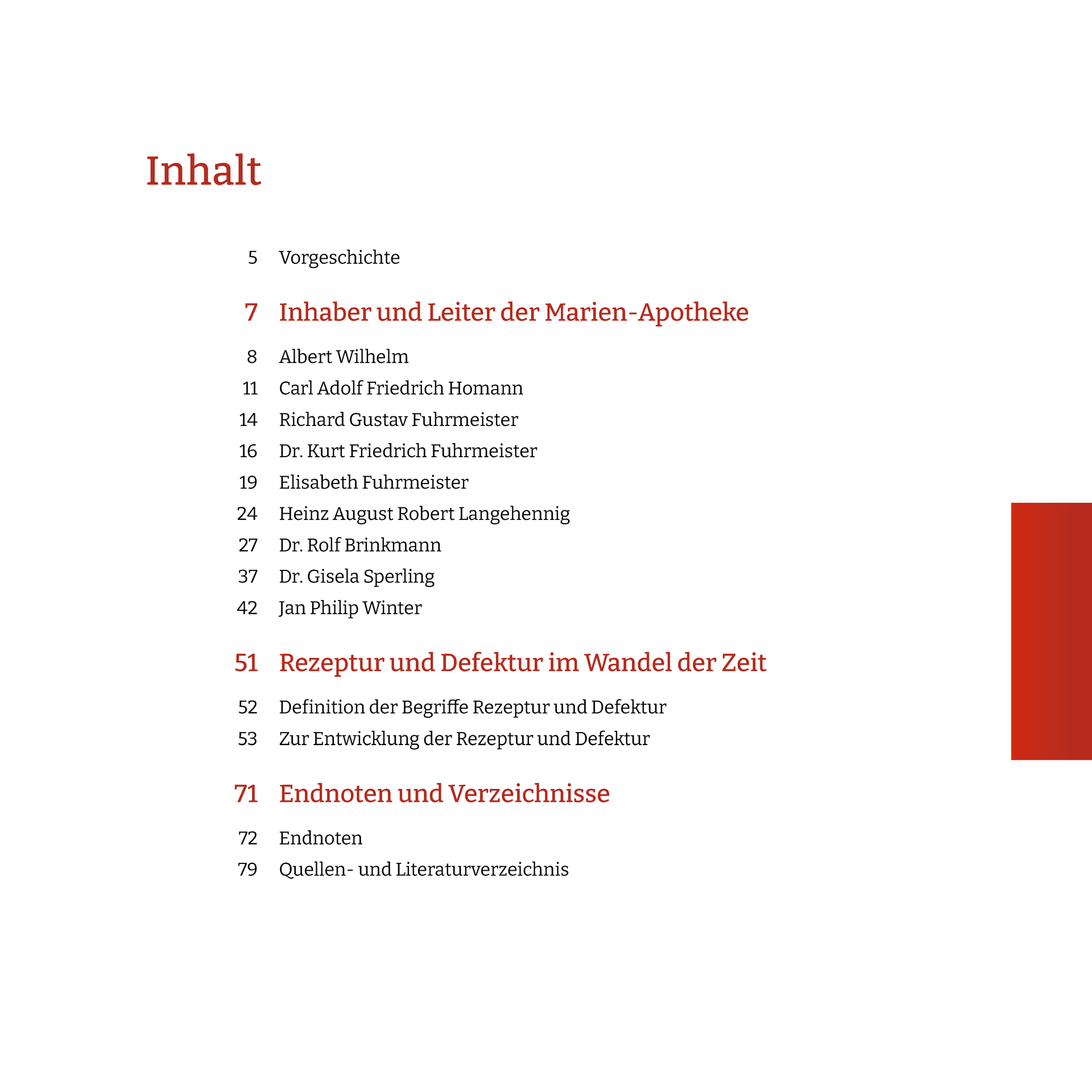 Eine Seite eines Buches mit dem Titel Inhalt darauf