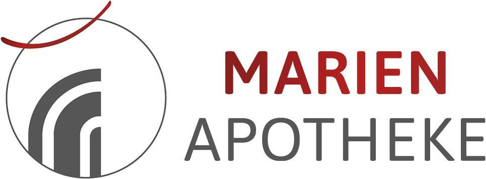 Ein Logo für die Marien-Apotheke mit einem Kreis und einer roten Linie in der Mitte.