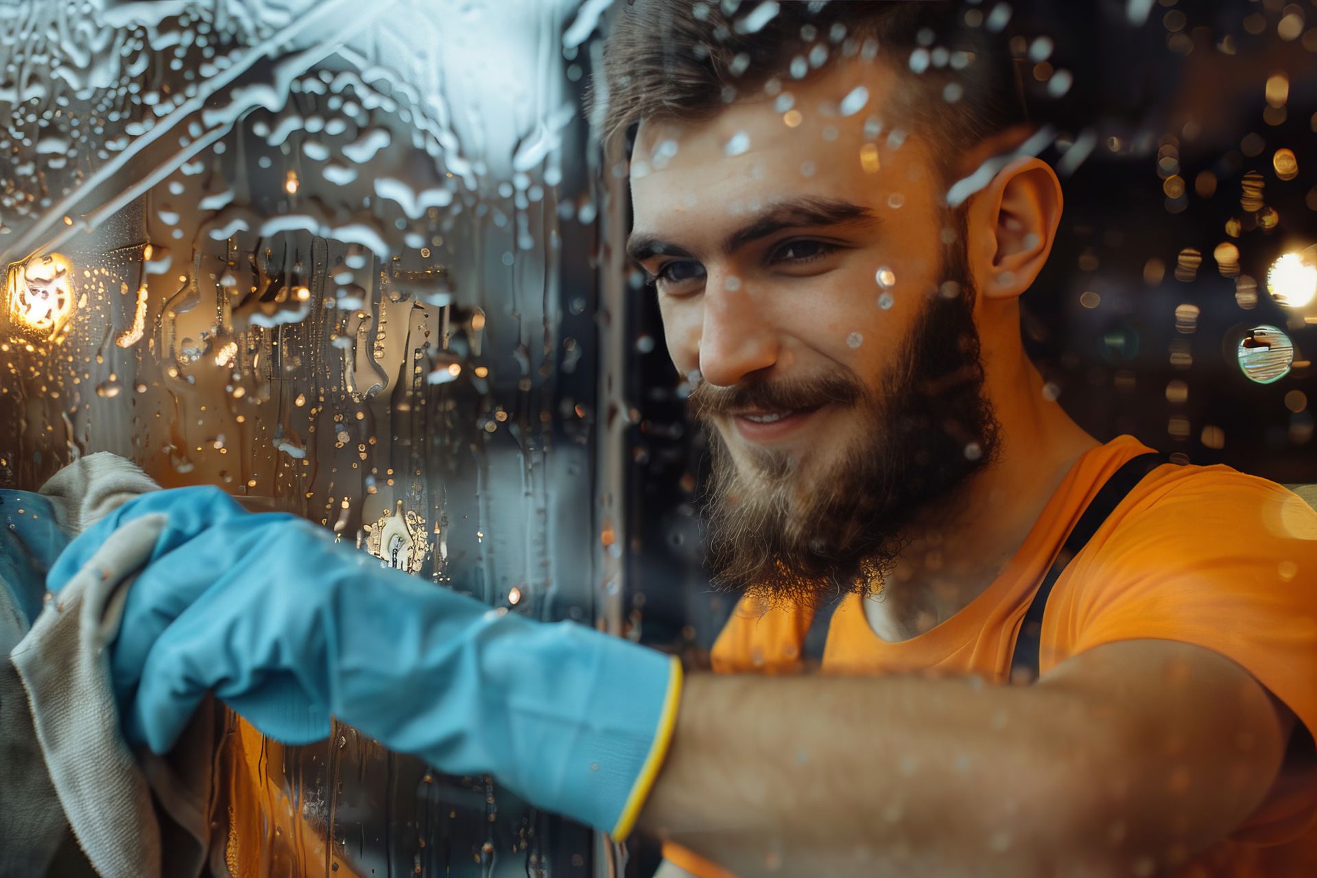 A man with a beard is cleaning a window with a cloth.