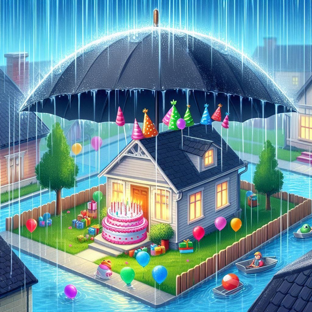 animated photo of a house with an umbrella in front with it raining around, the house has birthday cake in front 
