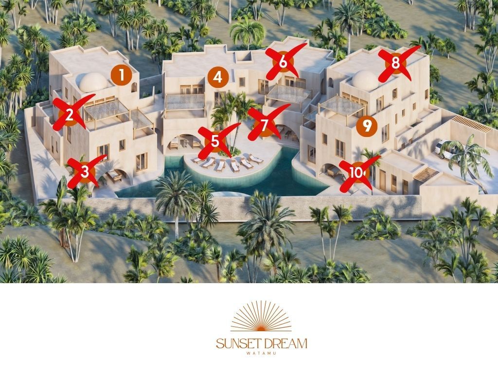 View of the residential complex under construction, featuring modern apartments and a multi-level structure surrounded by Watamu’s tropical nature.
