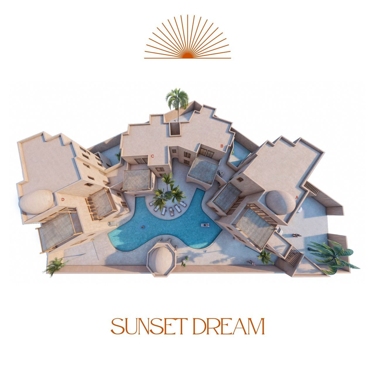 Rendering of the Sunset Dream Watamu residential complex with a central pool and Mediterranean-style apartments under construction. Bright, modern interiors: open-plan living area, cozy bedroom, elegant bathroom, and panoramic terrace.