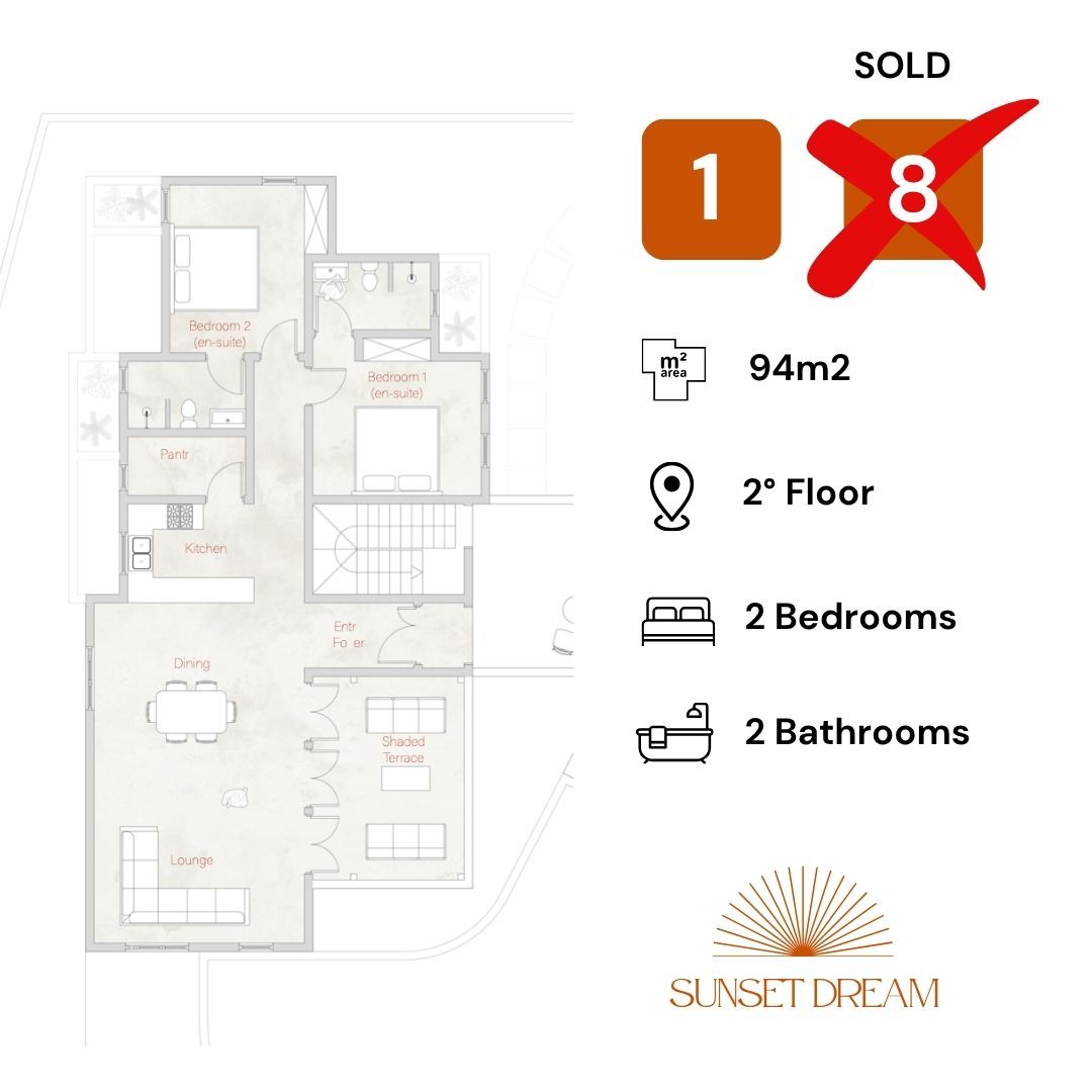 This thoughtfully designed floor plan offers a bright, open-concept living space ideal for vacation or long-term living. The layout includes:
	•	A spacious living and dining area that opens onto a private terrace — perfect for indoor-outdoor relaxation.
	•	A fully equipped kitchen, blending seamlessly with the living space.
	•	Two comfortable bedrooms, including a master suite with en-suite bathroom and built-in wardrobes.
	•	Two modern bathrooms, one of which is en-suite.
	•	Optional third bedroom or office in selected units.
	•	High ceilings and large windows for natural light and ventilation.