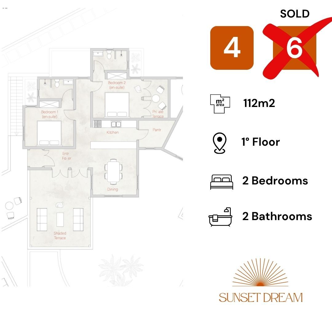 This thoughtfully designed floor plan offers a bright, open-concept living space ideal for vacation or long-term living. The layout includes:
	•	A spacious living and dining area that opens onto a private terrace — perfect for indoor-outdoor relaxation.
	•	A fully equipped kitchen, blending seamlessly with the living space.
	•	Two comfortable bedrooms, including a master suite with en-suite bathroom and built-in wardrobes.
	•	Two modern bathrooms, one of which is en-suite.
	•	Optional third bedroom or office in selected units.
	•	High ceilings and large windows for natural light and ventilation.