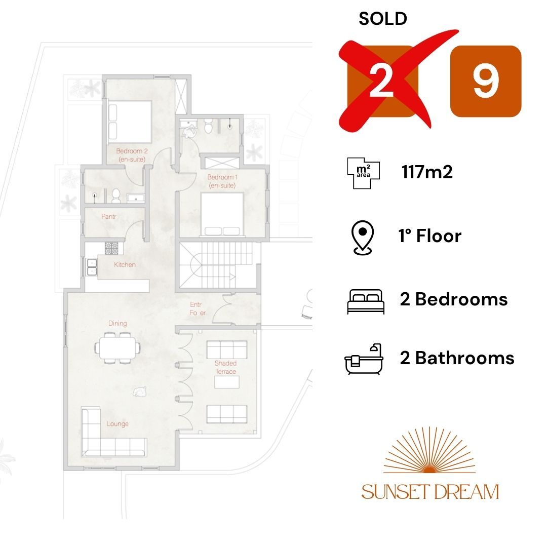 This thoughtfully designed floor plan offers a bright, open-concept living space ideal for vacation or long-term living. The layout includes:
	•	A spacious living and dining area that opens onto a private terrace — perfect for indoor-outdoor relaxation.
	•	A fully equipped kitchen, blending seamlessly with the living space.
	•	Two comfortable bedrooms, including a master suite with en-suite bathroom and built-in wardrobes.
	•	Two modern bathrooms, one of which is en-suite.
	•	Optional third bedroom or office in selected units.
	•	High ceilings and large windows for natural light and ventilation.