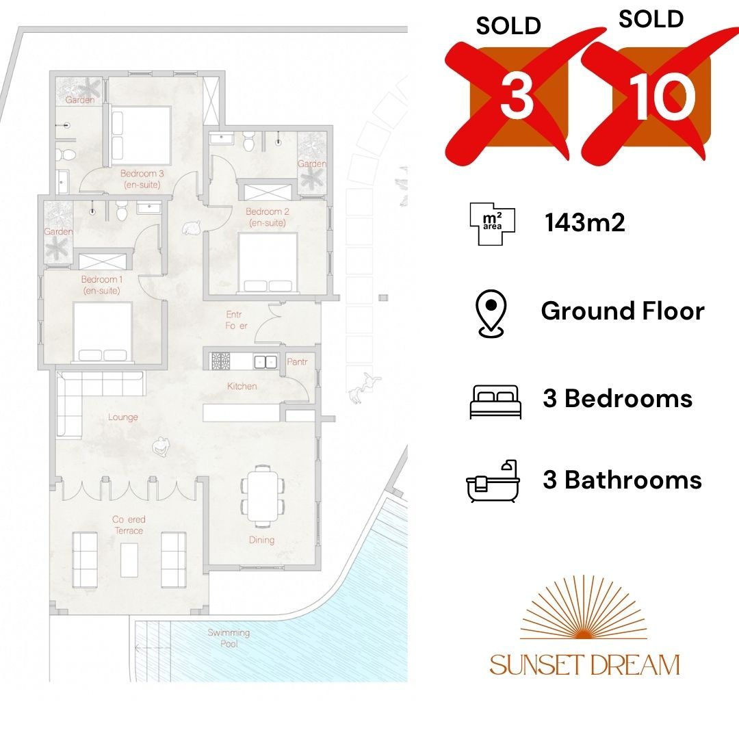 This thoughtfully designed floor plan offers a bright, open-concept living space ideal for vacation or long-term living. The layout includes:
	•	A spacious living and dining area that opens onto a private terrace — perfect for indoor-outdoor relaxation.
	•	A fully equipped kitchen, blending seamlessly with the living space.
	•	Two comfortable bedrooms, including a master suite with en-suite bathroom and built-in wardrobes.
	•	Two modern bathrooms, one of which is en-suite.
	•	Optional third bedroom or office in selected units.
	•	High ceilings and large windows for natural light and ventilation.