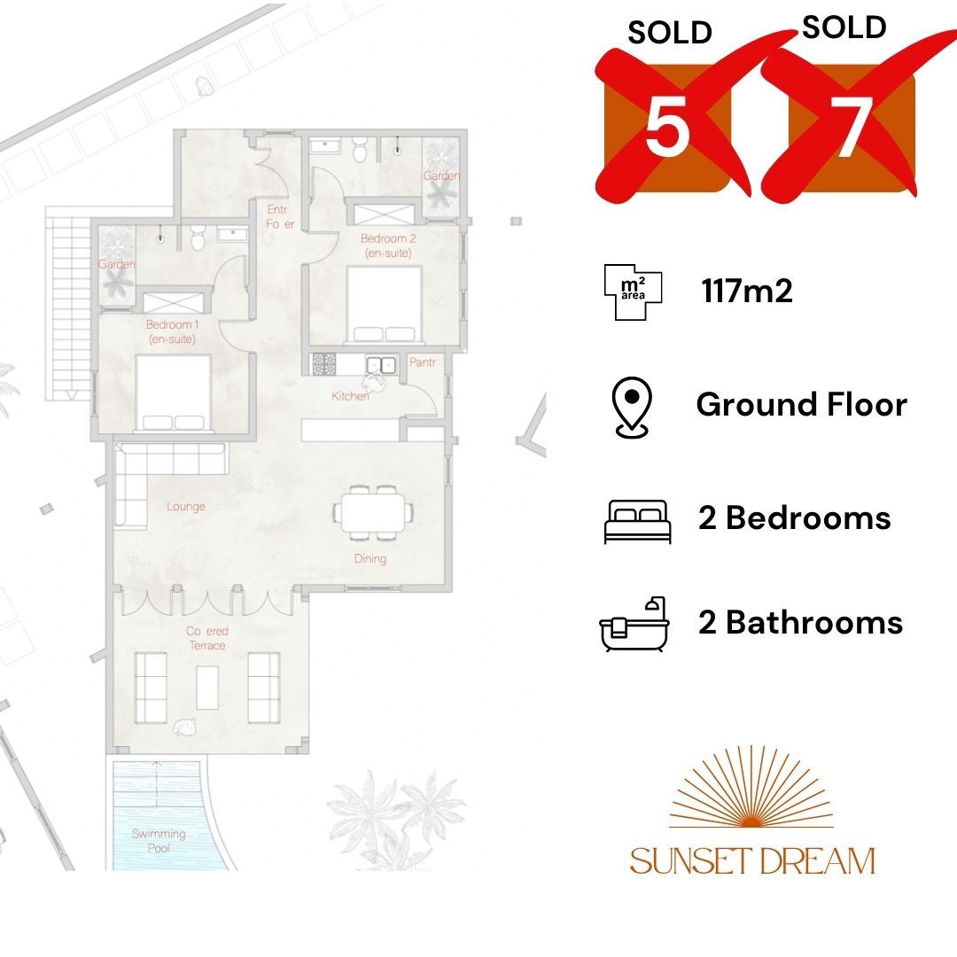 This thoughtfully designed floor plan offers a bright, open-concept living space ideal for vacation or long-term living. The layout includes:
	•	A spacious living and dining area that opens onto a private terrace — perfect for indoor-outdoor relaxation.
	•	A fully equipped kitchen, blending seamlessly with the living space.
	•	Two comfortable bedrooms, including a master suite with en-suite bathroom and built-in wardrobes.
	•	Two modern bathrooms, one of which is en-suite.
	•	Optional third bedroom or office in selected units.
	•	High ceilings and large windows for natural light and ventilation.