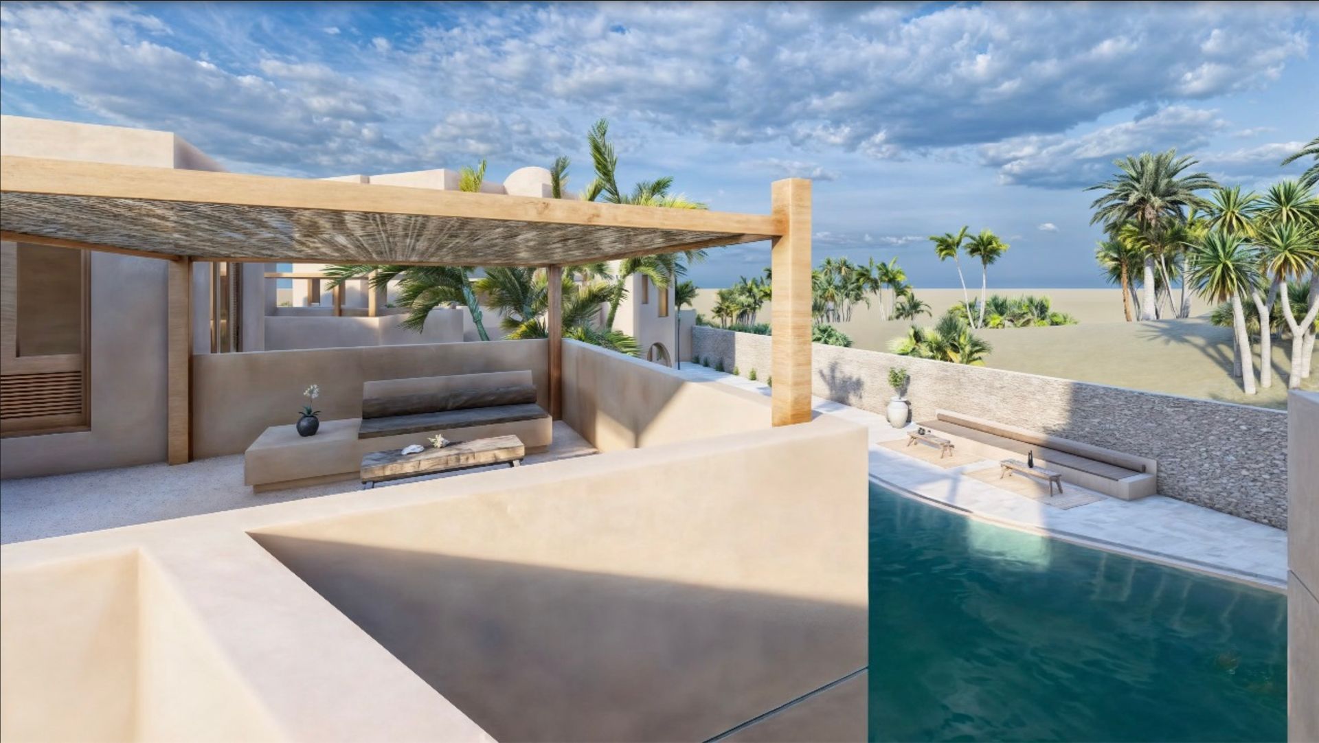 Spacious balcony under development, with a panoramic view of the surrounding greenery and layout ready for a lounge area.
