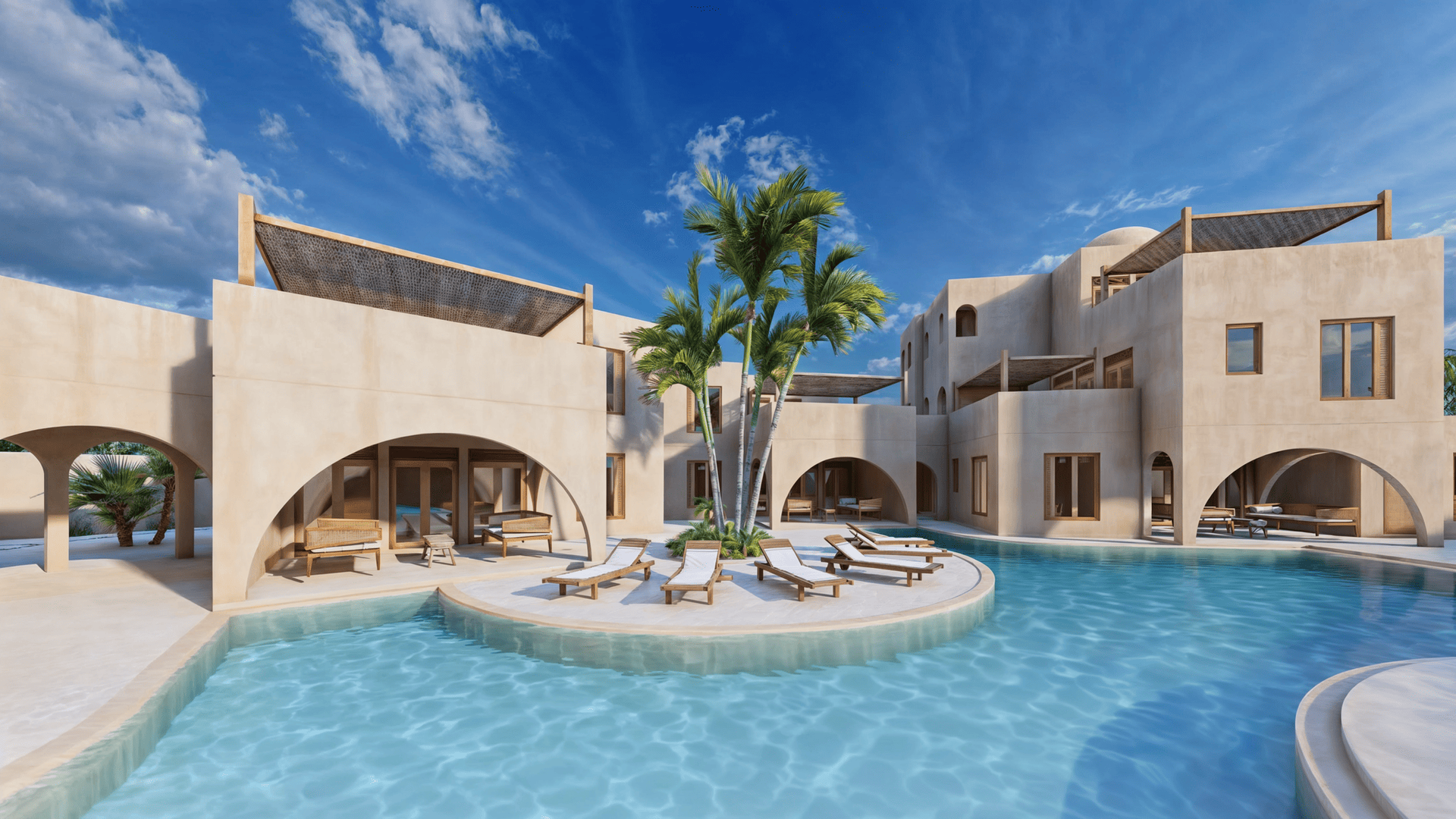 Large lagoon-style pool surrounded by palm trees and sun loungers, in the heart of the Sunset Dream Watamu villas