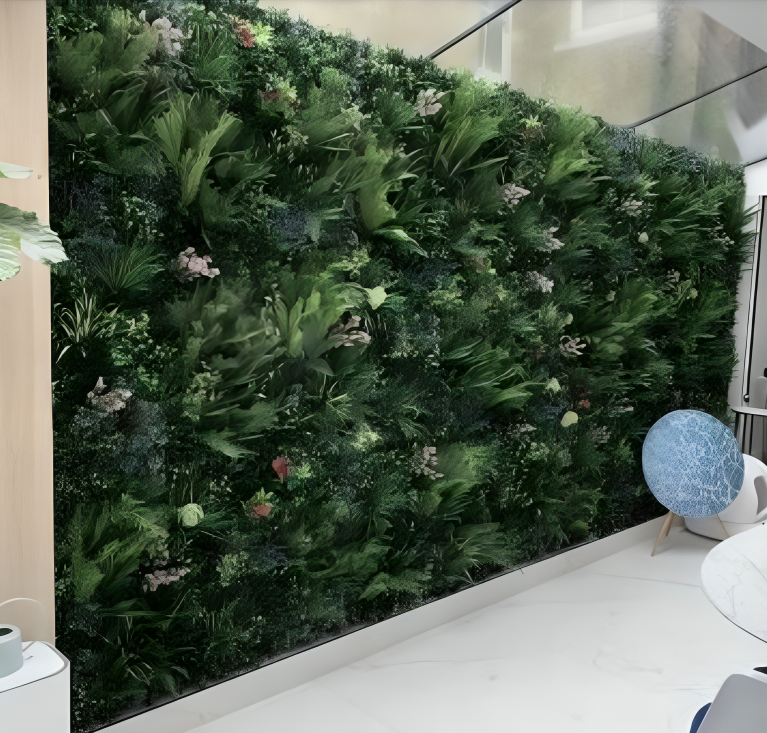 A wall with lots of green plants on it