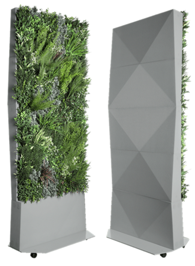 A green wall with plants growing on it and a white background.
