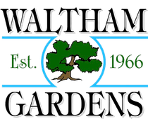 A logo for waltham gardens with a tree in the center