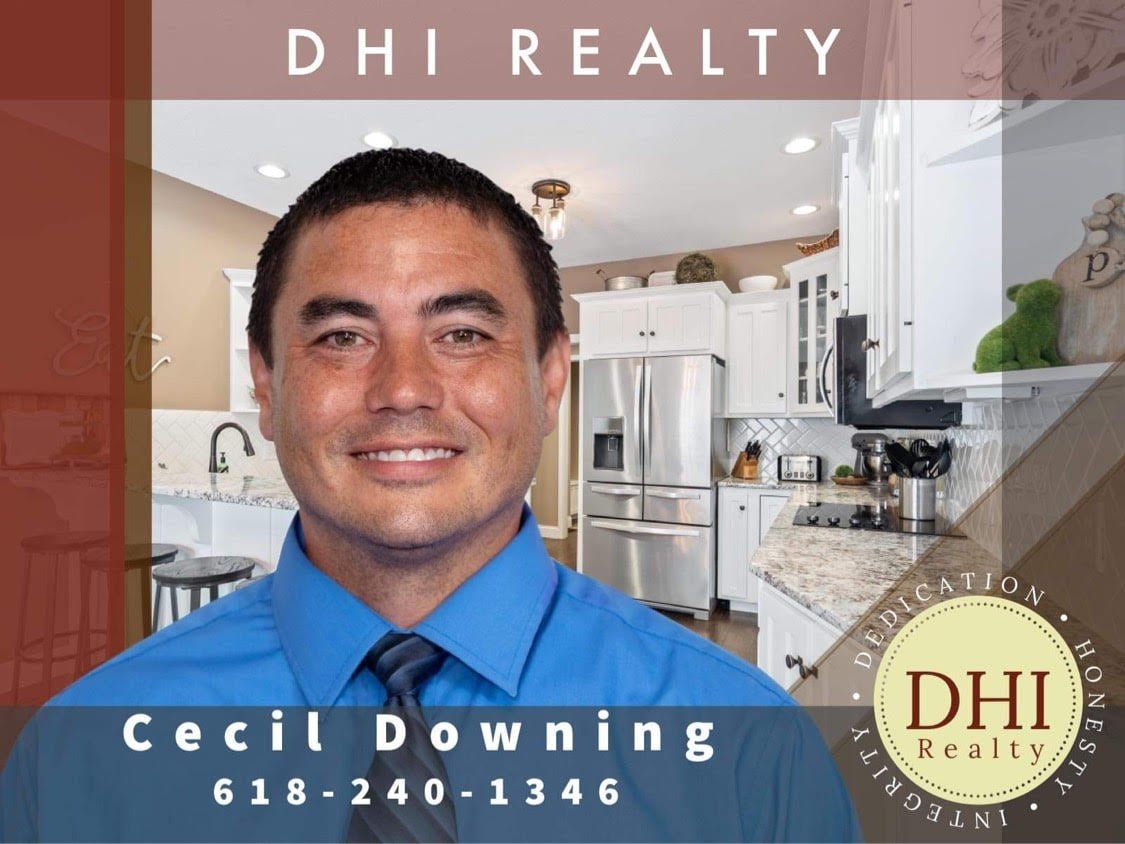 A man in a blue shirt and tie is advertising for dh real estate
