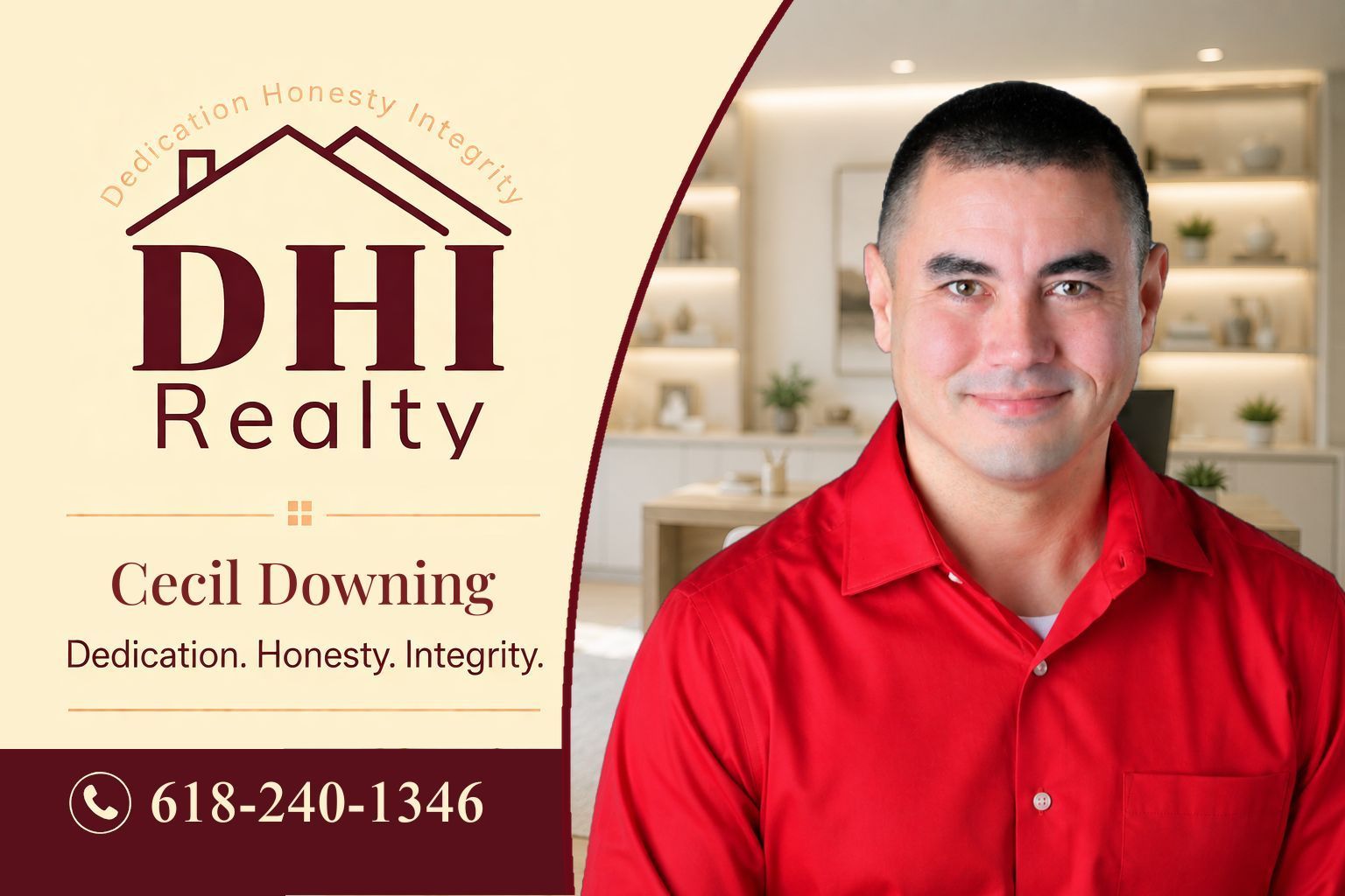 A man in a blue shirt and tie is advertising for dh real estate