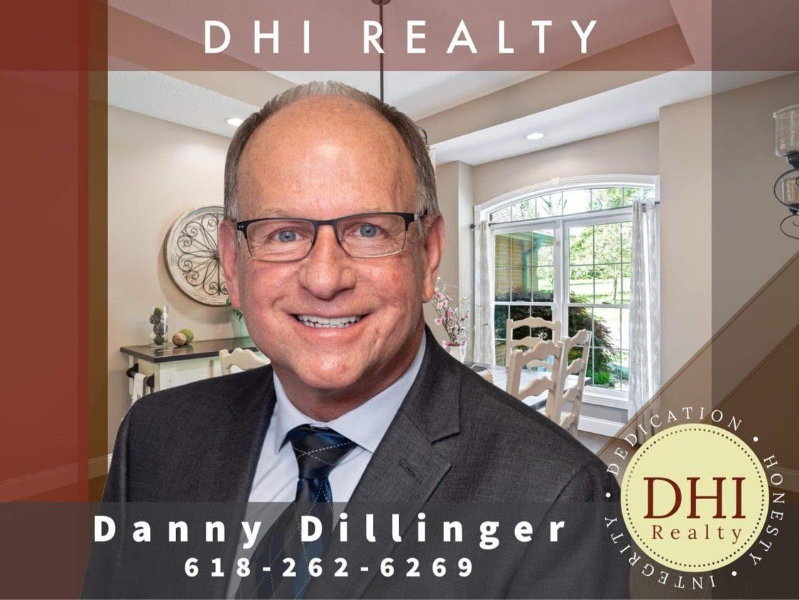 A man wearing glasses and a suit is advertising for dh real estate