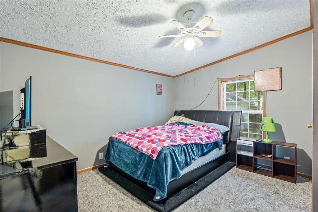 A bedroom with a bed , television , nightstand and ceiling fan.