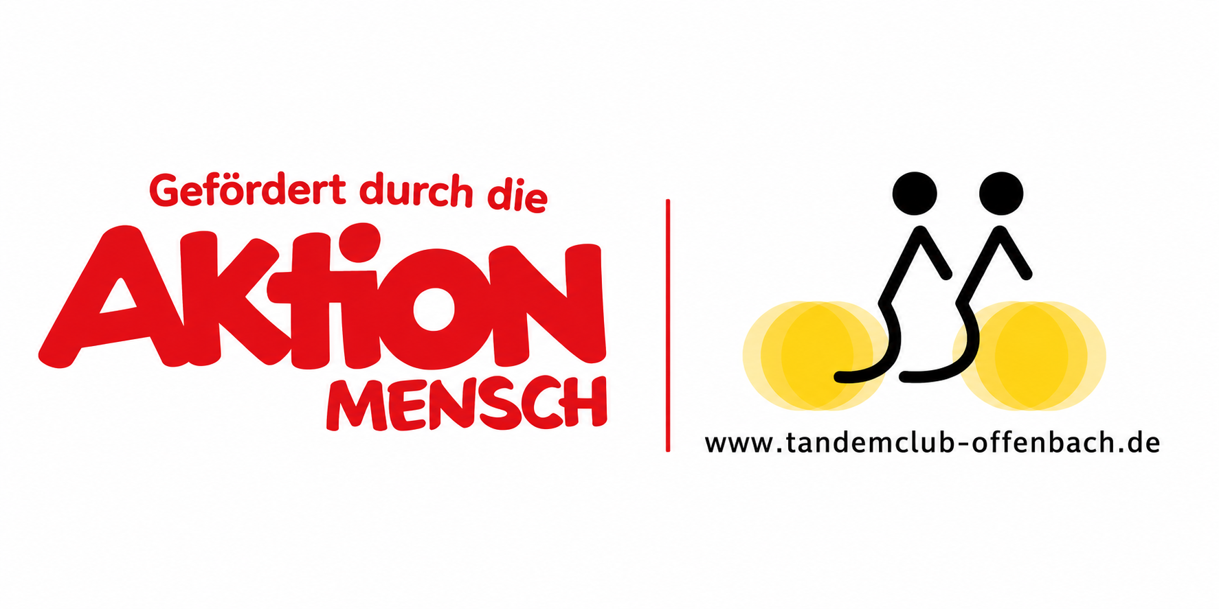 Logo des Tandem Club Offenbach mit zwei Strichmännchen auf einem Tandem, gelbe Kreise als Räder, darunter die Website-Adresse.