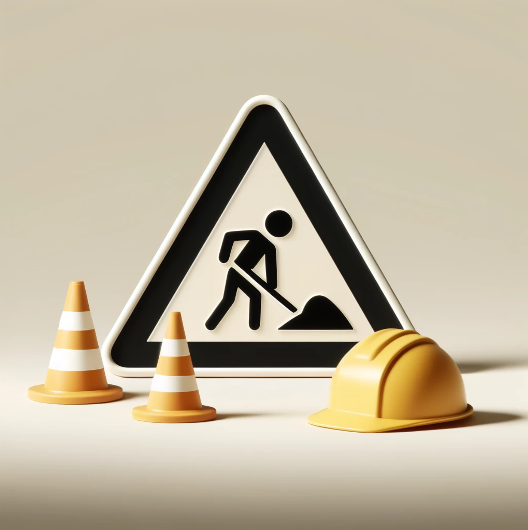 Baustellen-Warnschild mit einer grabenden Figur, Verkehrshütchen und einem Bauhelm