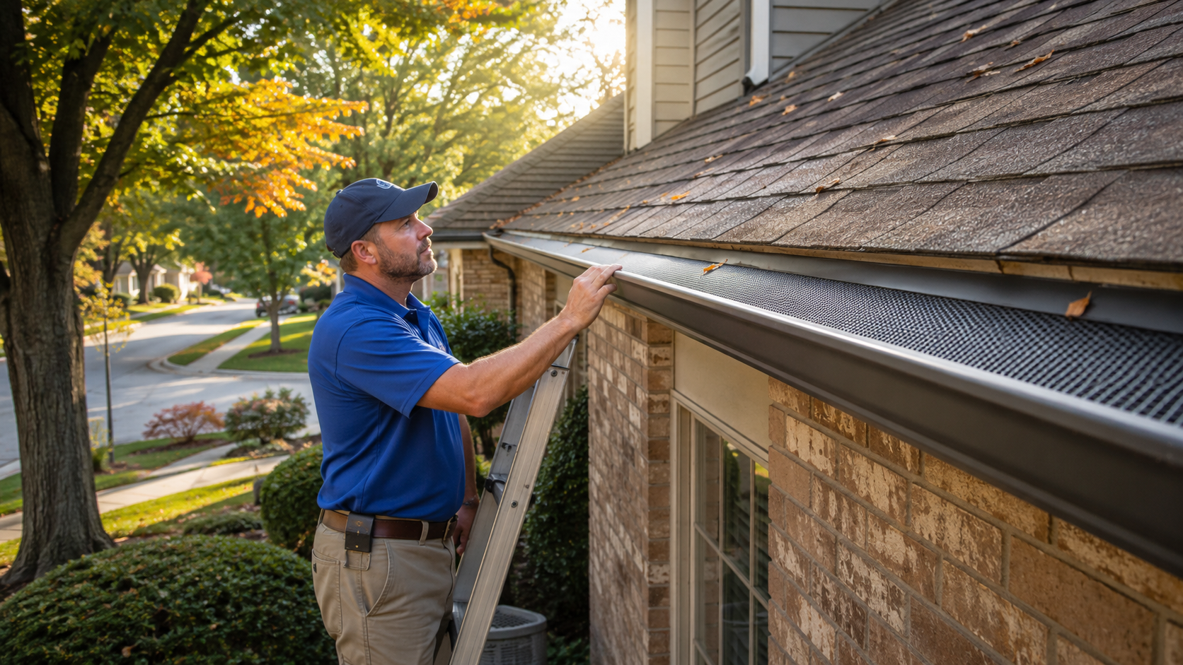 Technician inspecting a house gutter along the roofline at sunset