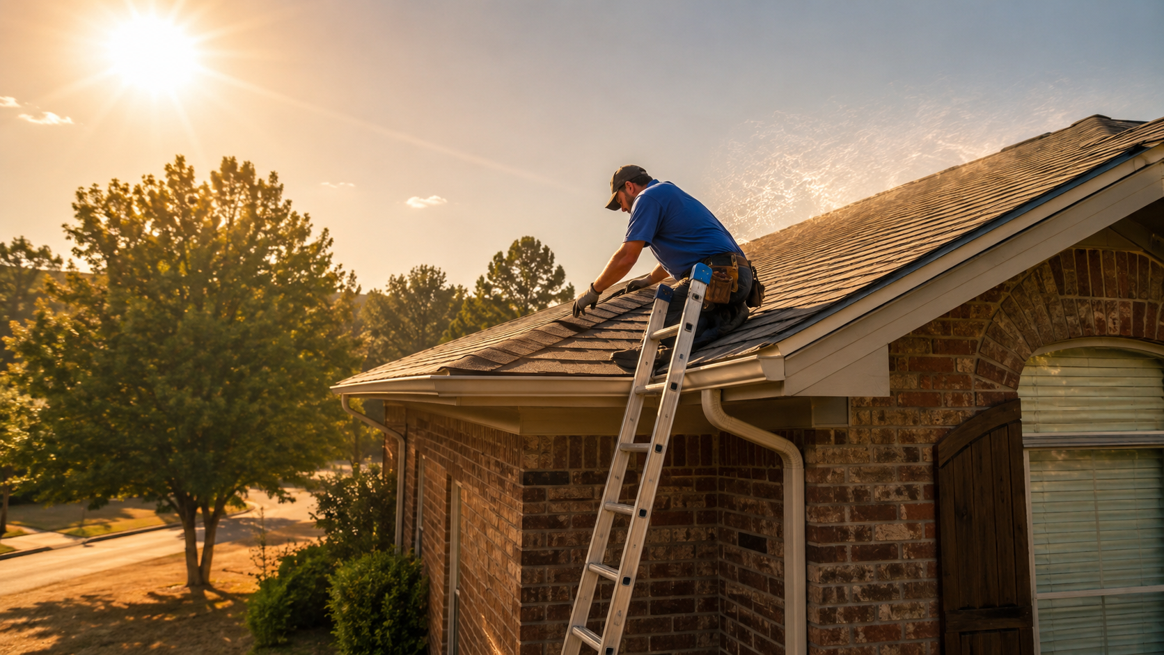 Worker on a ladder repairing a roof at sunset beside a brick house