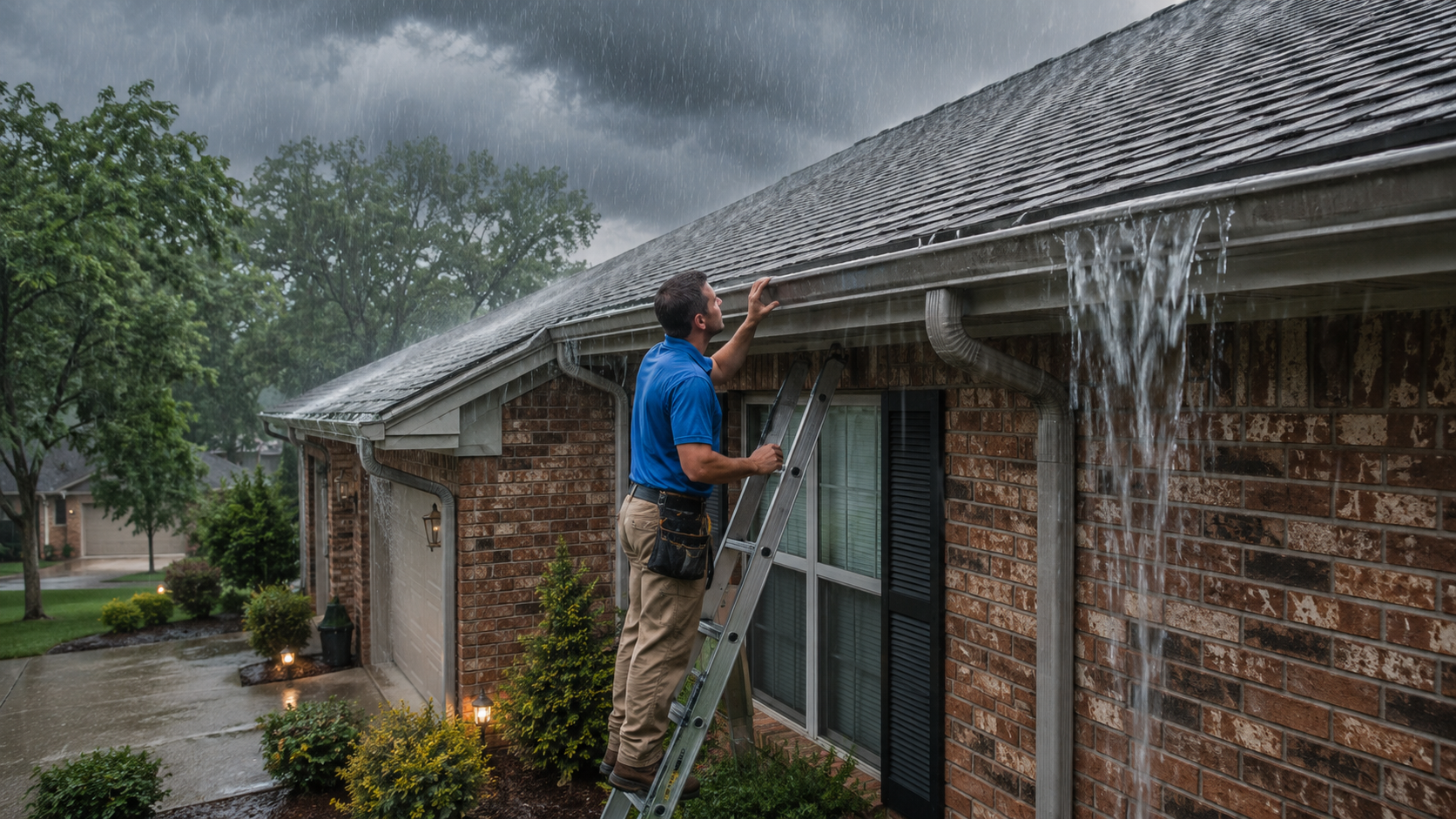 Worker cleaning gutters on a brick house roof during heavy rain