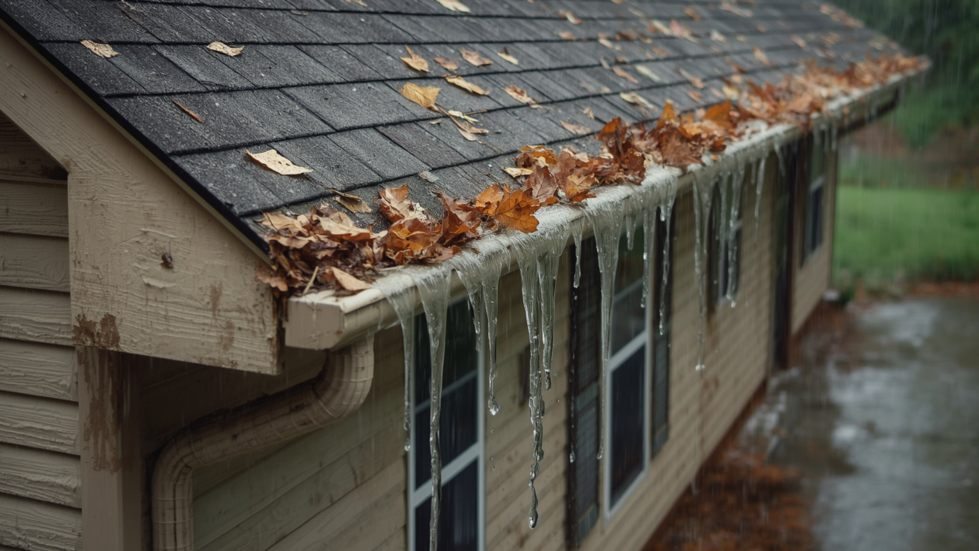 Icicles hanging from a roof edge with wet leaves, beside a house in a rainy yard