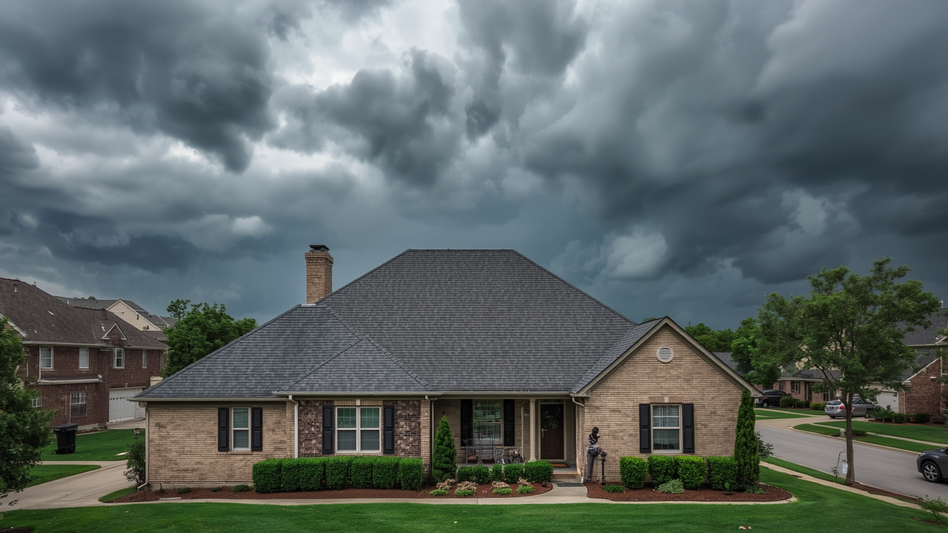 Suburban brick house with dark roof under dramatic storm clouds