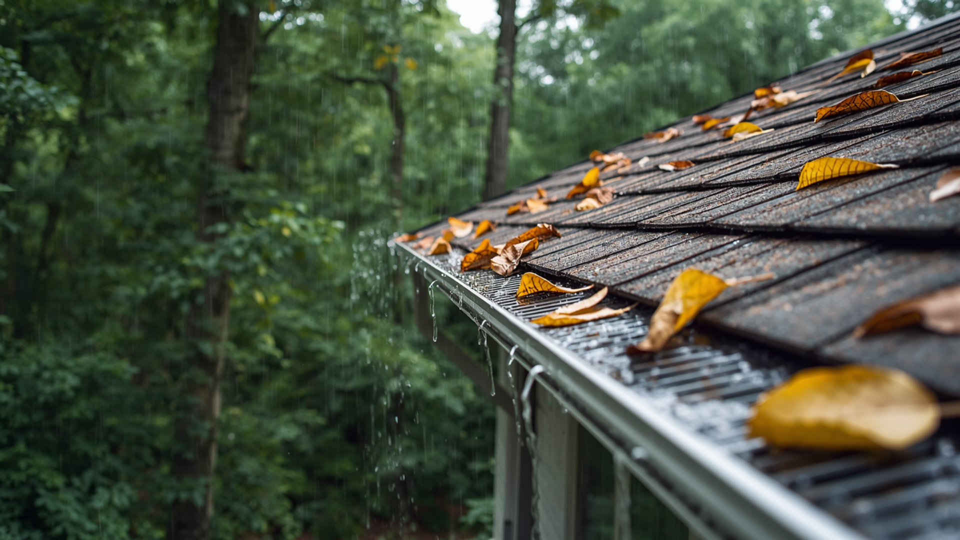 Rain-damp roof edge with yellow leaves, overlooking a green forest