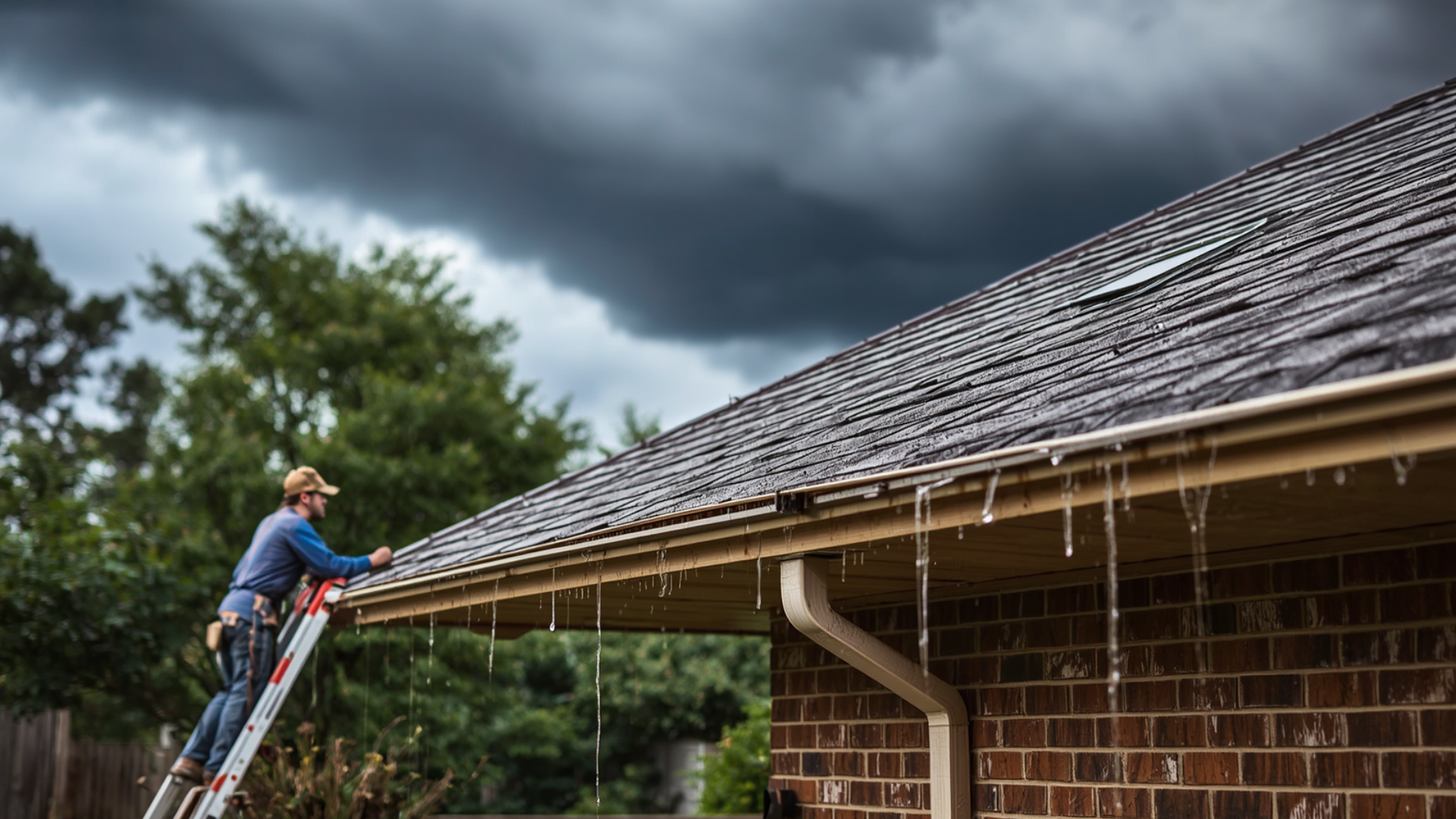 Worker on a ladder cleaning gutters on a brick house under stormy clouds
