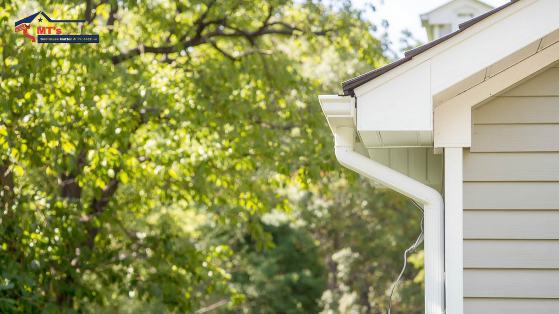 Side of a house with white trim and gutters beside sunlit green trees in a yard