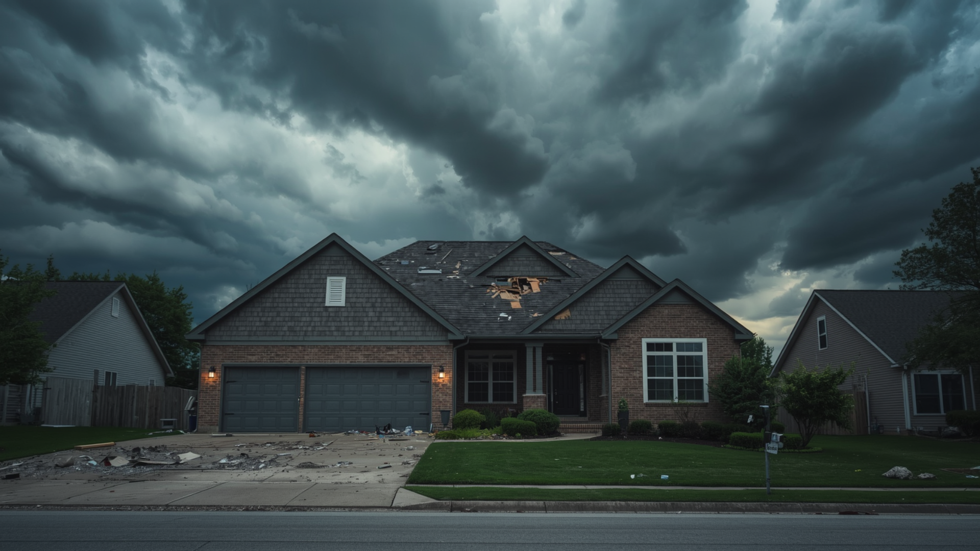 Suburban house with dark storm clouds overhead and a broken, debris-covered driveway in front