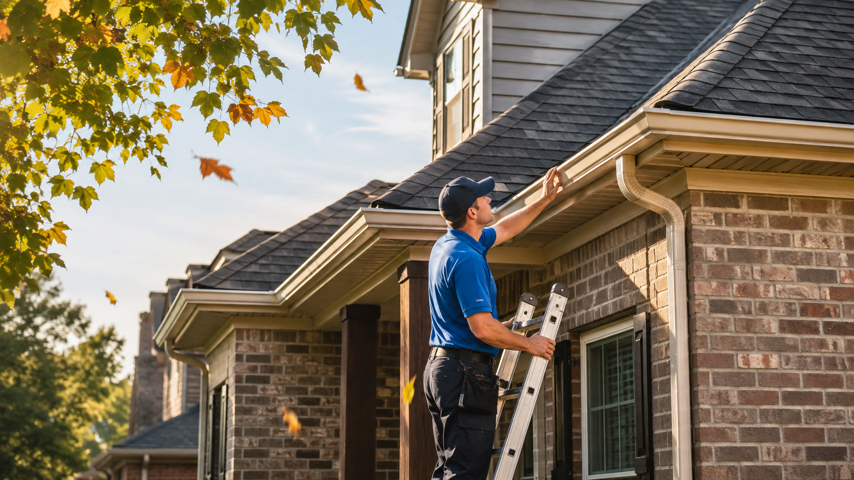Worker painting a brick house exterior beneath the eaves with a roller extension pole