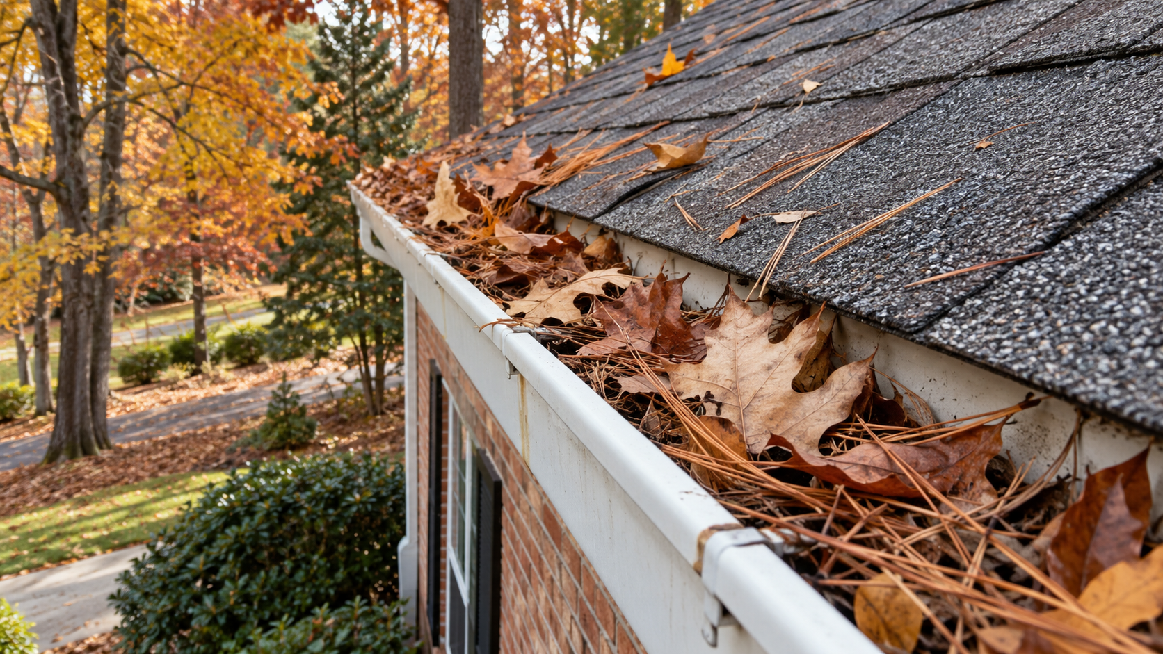 Gutter clogged with brown leaves along a house roof in autumn, with trees in the background