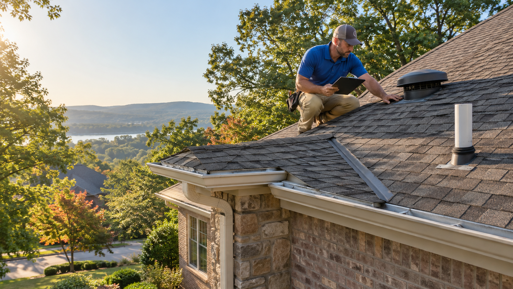 Worker kneeling on a shingled roof, repairing it with a lake and hills in the background.