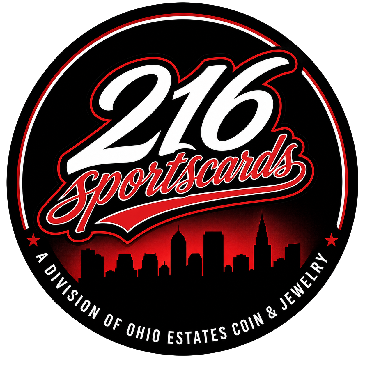 216 Sportscards logo in white and red on black, with a Cincinnati skyline silhouette and circular border