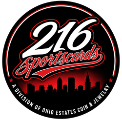 216 Sportscards logo in white and red on black, with a Cincinnati skyline silhouette and circular border