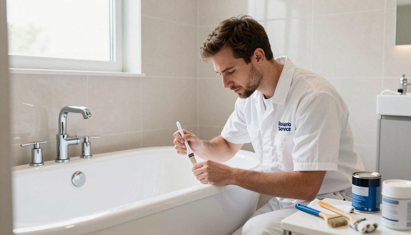 Técnico aplicando esmalte a una bañera durante un servicio de restauración.