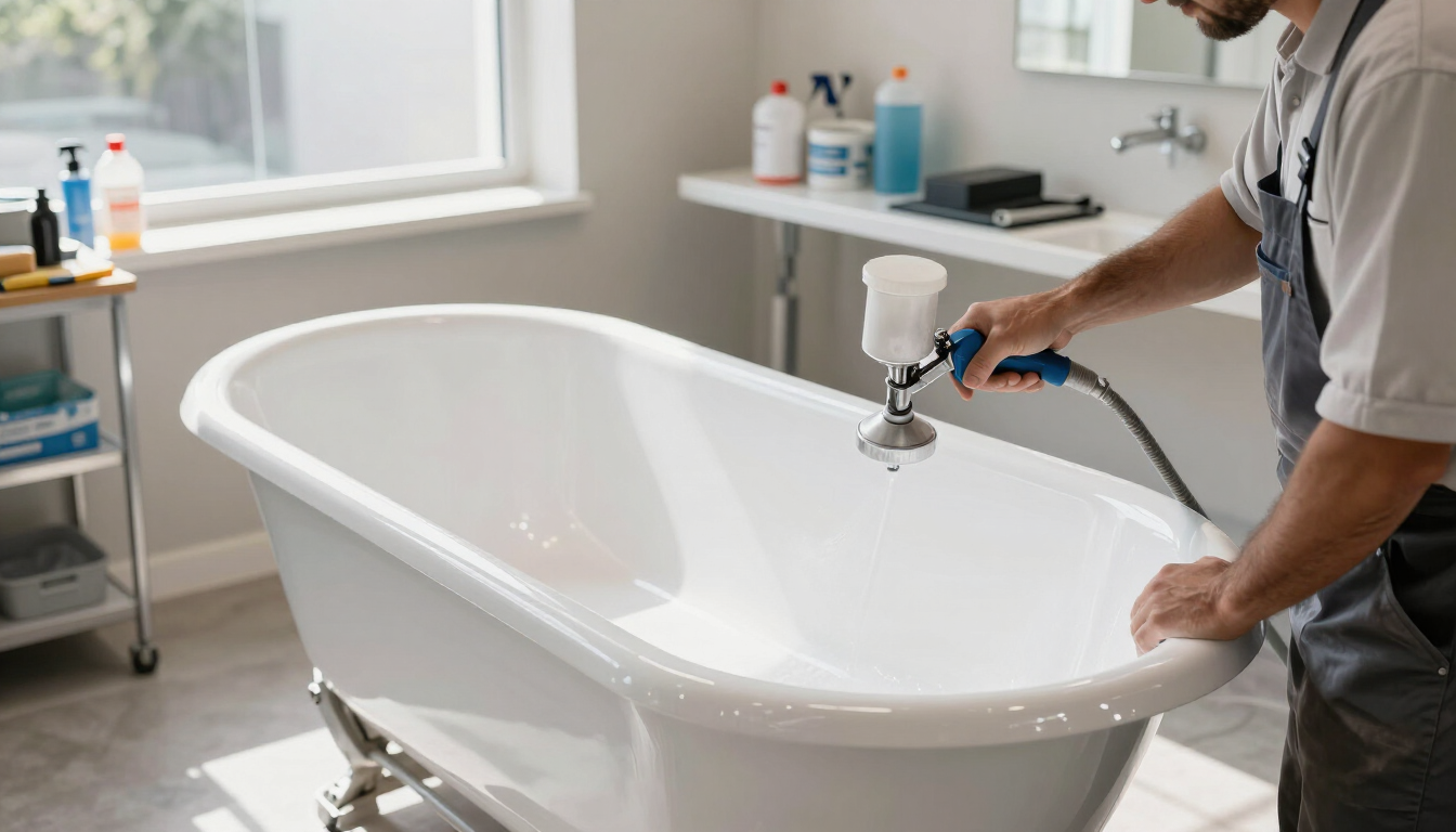 Restauración profesional de una bañera con esmaltado blanco en un taller especializado en Rosario.