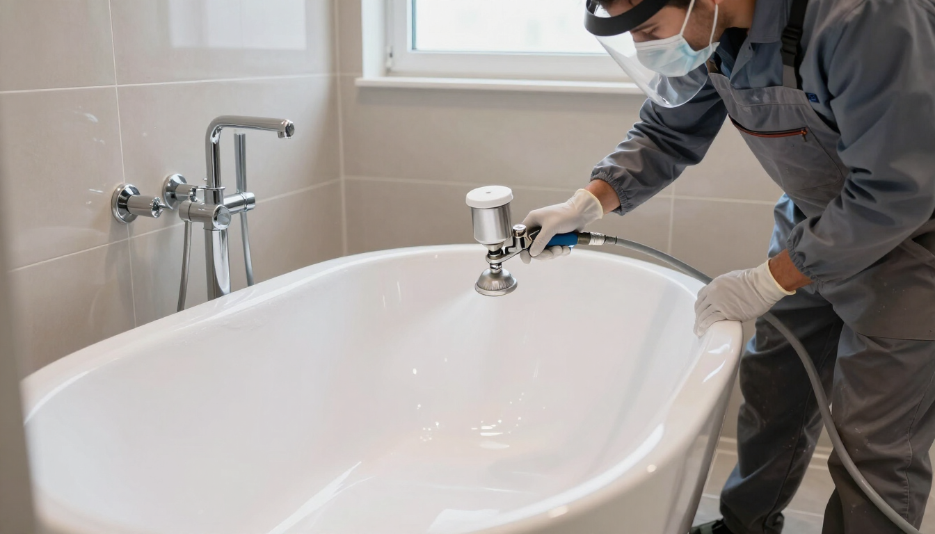 Servicio de enlozado sobre una bañera con terminación blanca y equipo profesional.