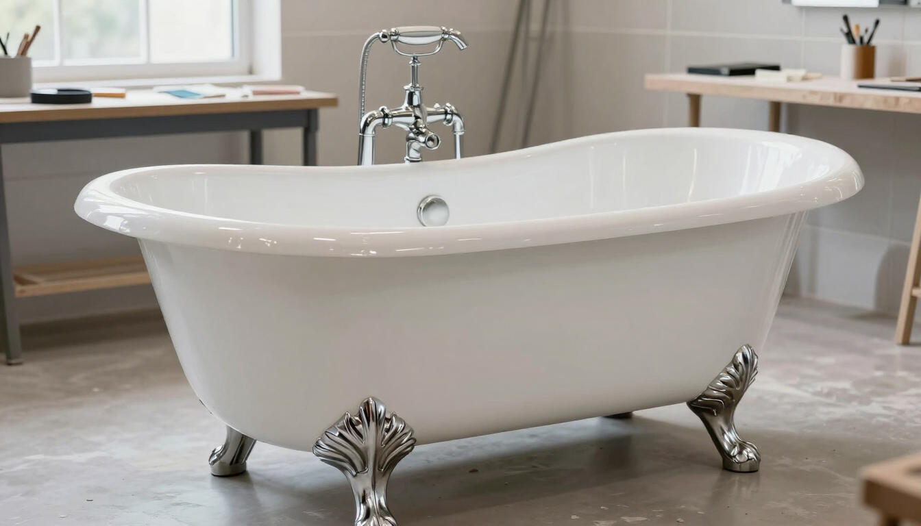 Restauración de una bañera antigua de patas de león con esmalte renovado.