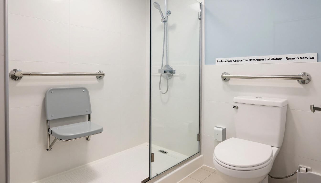 Instalación de barrales y asiento rebatible para ducha en un baño accesible.