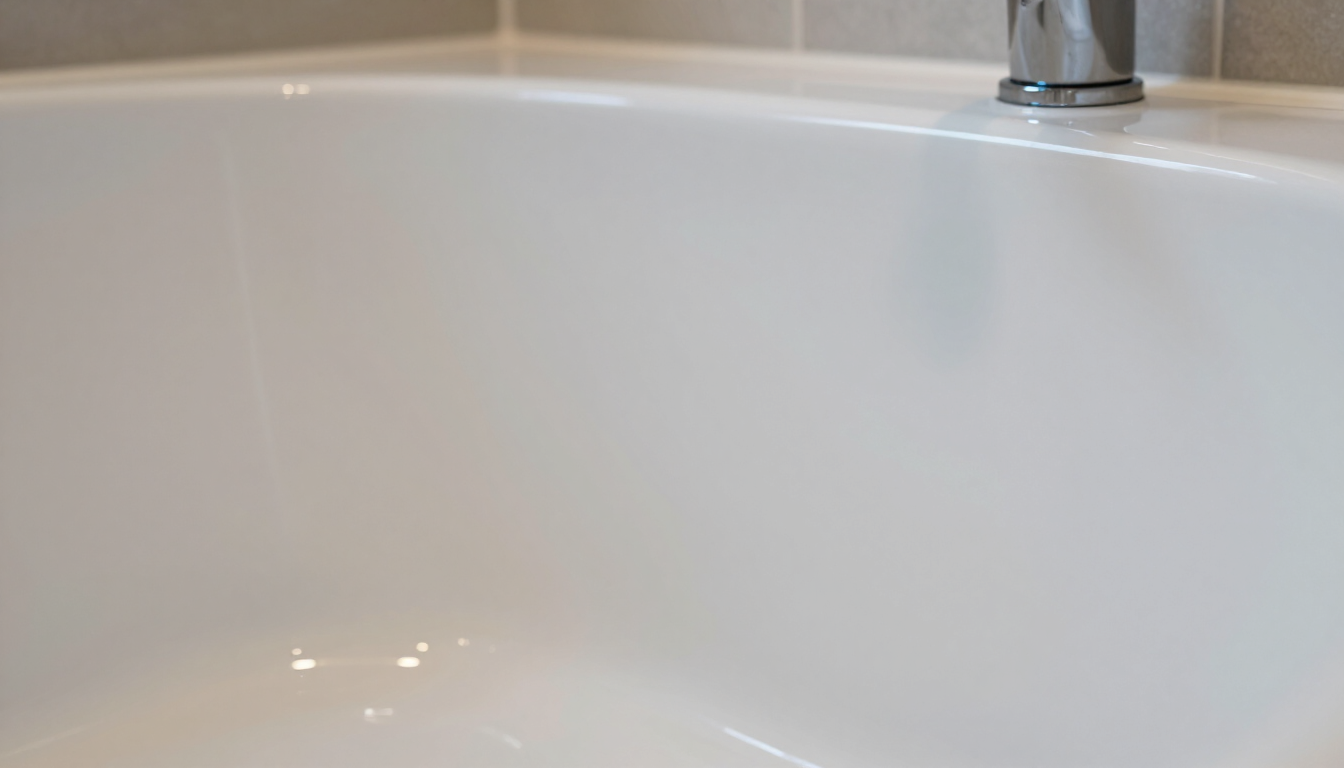 Limpieza de manchas y sellado sobre una superficie de bañera restaurada.